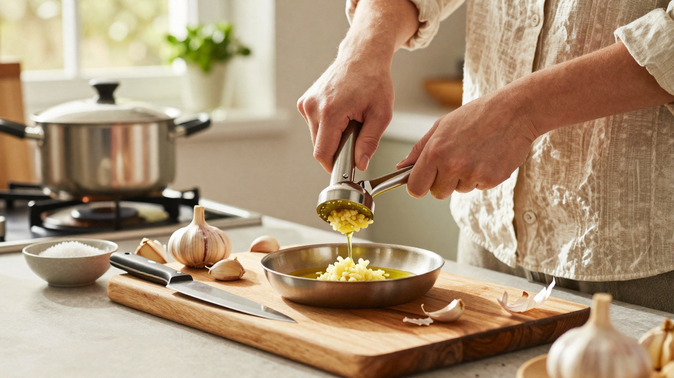 Pessoa a espremer alho para uma frigideira sobre uma bancada de cozinha com utensílios e ingredientes.