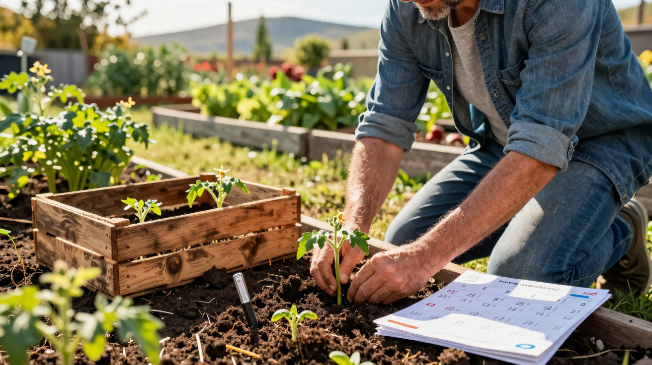 Homem a plantar muda em canteiro de jardim com caixa de mudas e calendário ao lado.