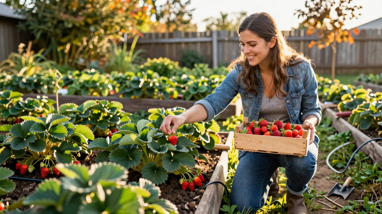 Mulher colhe morangos numa horta ao ar livre, segurando uma caixa de madeira com frutos frescos.