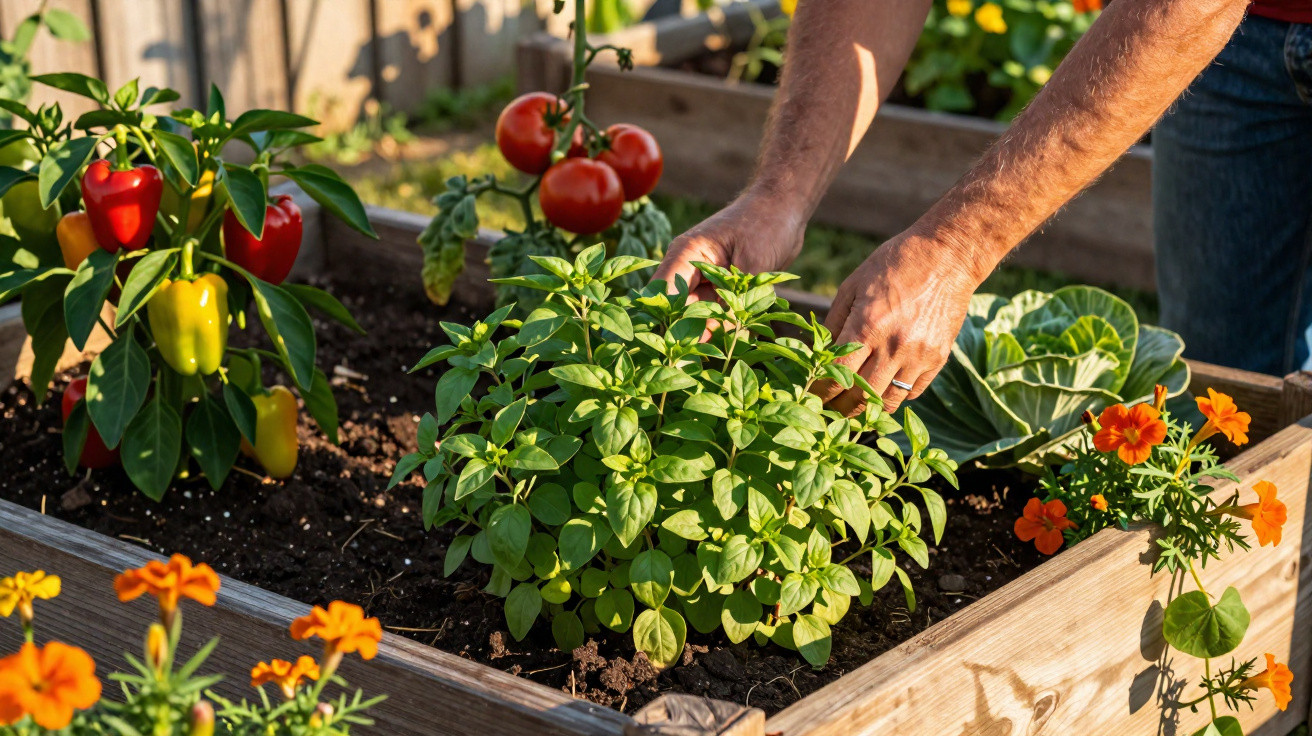 Pessoa a cuidar de plantas e legumes, incluindo tomate e pimentos, numa horta elevada de madeira.