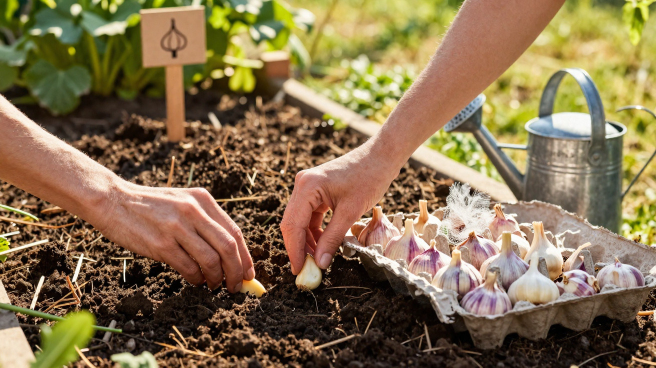 Duas mãos a plantar dentes de alho em terra de cultivo num jardim com regador ao fundo.