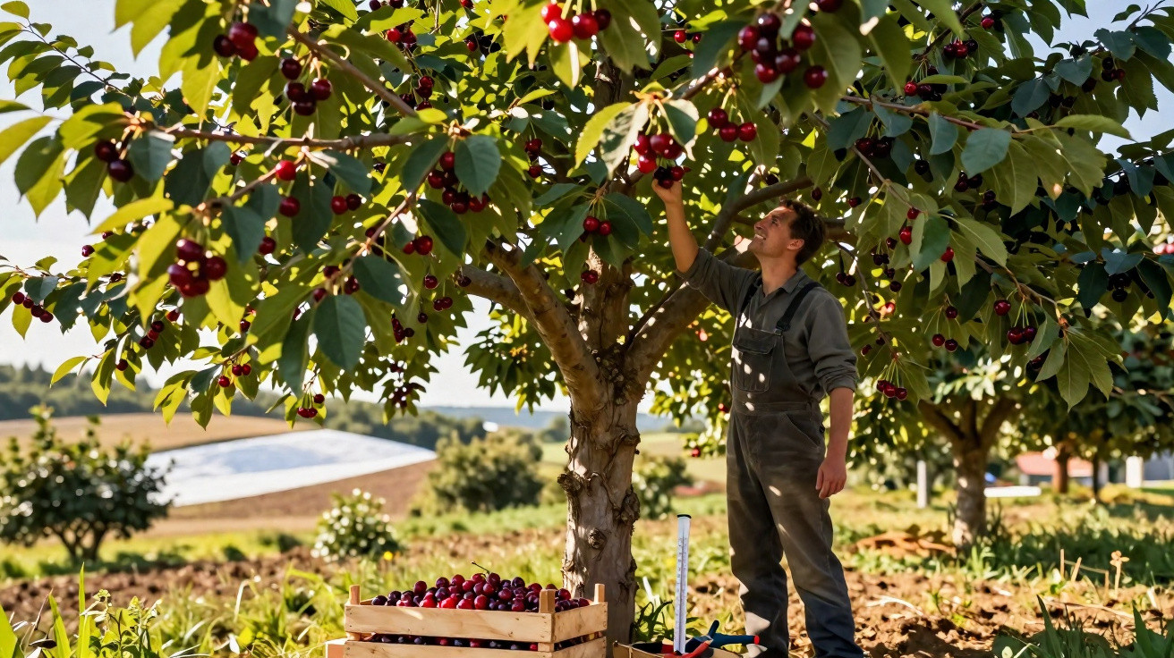 Homem a colher cerejas maduras de uma árvore num pomar com caixas cheias de fruta.