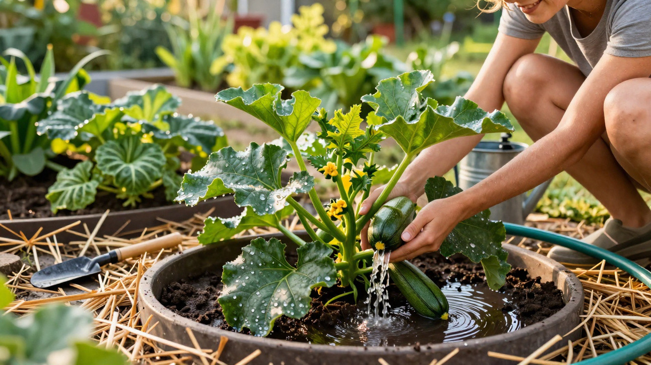 Pessoa a regar abóbora rasteira num vaso redondo num jardim com várias plantas.