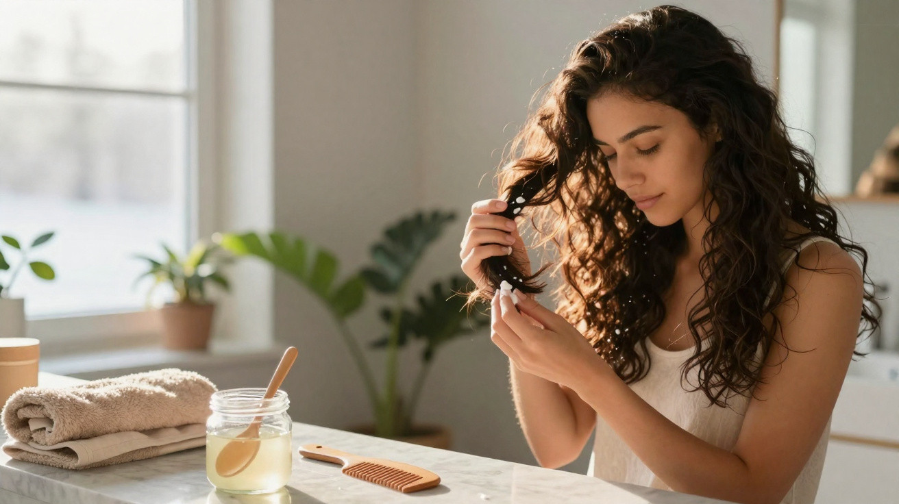 Mulher com cabelo encaracolado aplica óleo capilar em casa, junto a toalhas e um pente sobre a mesa.