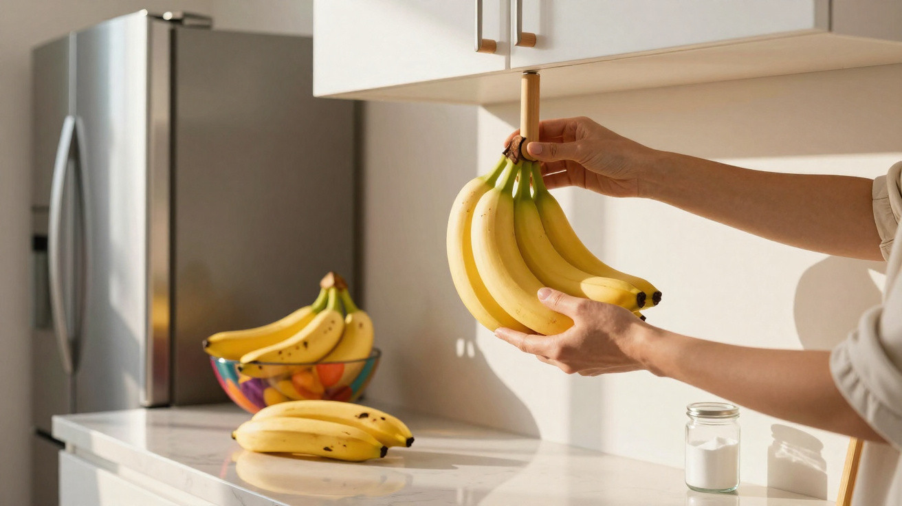 Mãos a pendurar um cacho de bananas num suporte de madeira numa cozinha moderna com bancada branca.