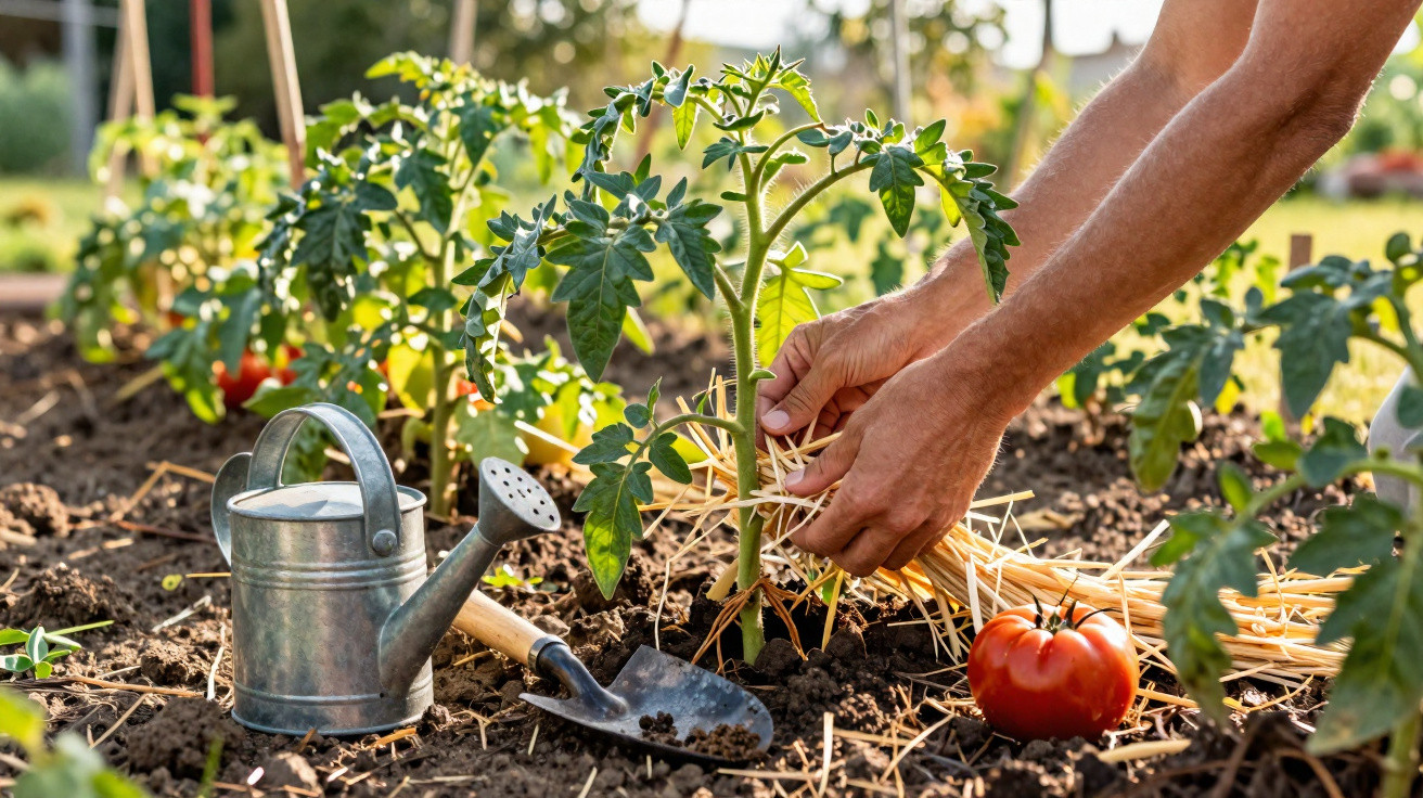 Pessoa de mãos nuas a proteger planta de tomate com palha, regador e cova no solo ao lado.