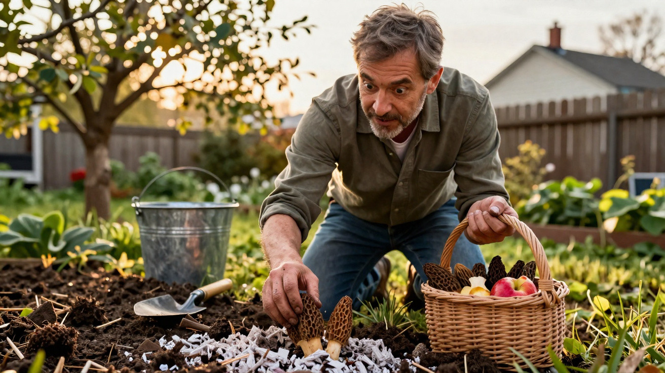 Homem colhe cogumelos silvestres com cesta num jardim ao entardecer.
