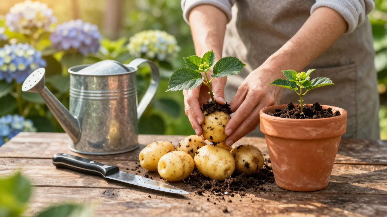 Pessoa a plantar batatas com folhas verdes e flores numa panela de barro, junto a regador e faca numa mesa.