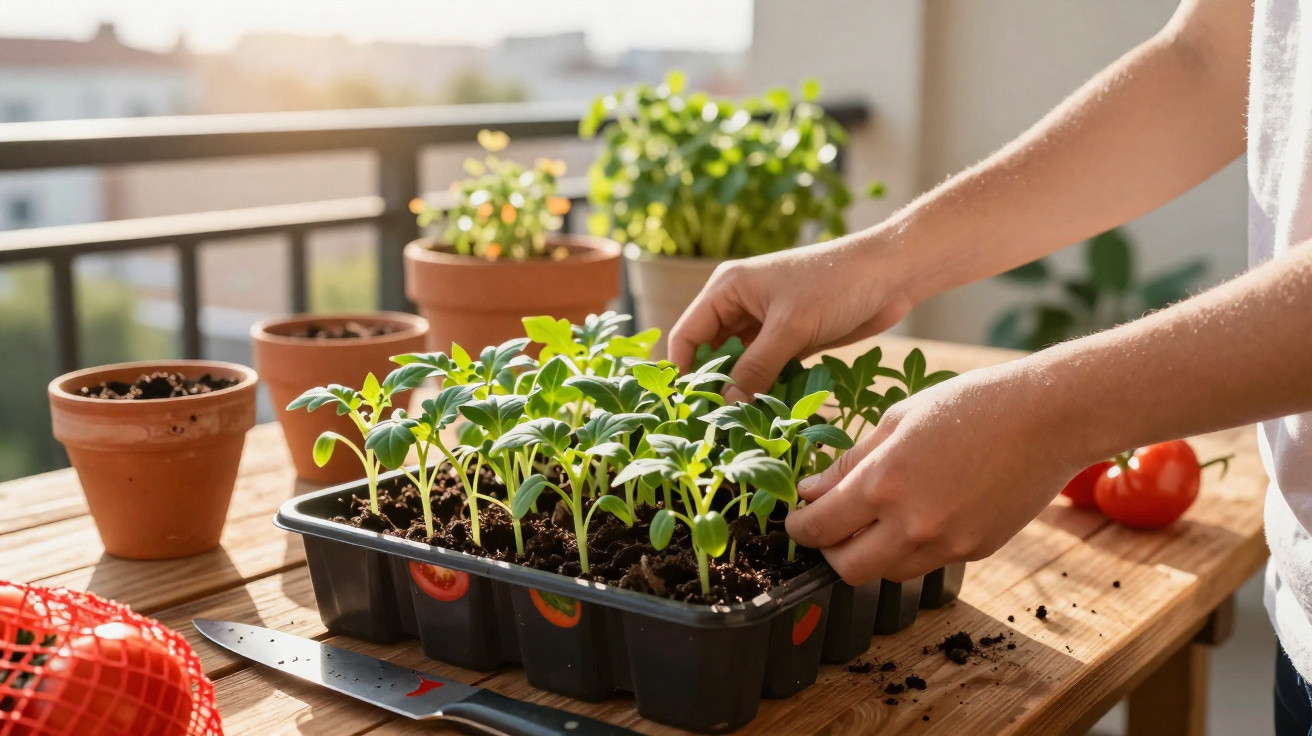 Mãos a transplantar rebentos de plantas verdes em tabuleiro num terraço com vários vasos e legumes.