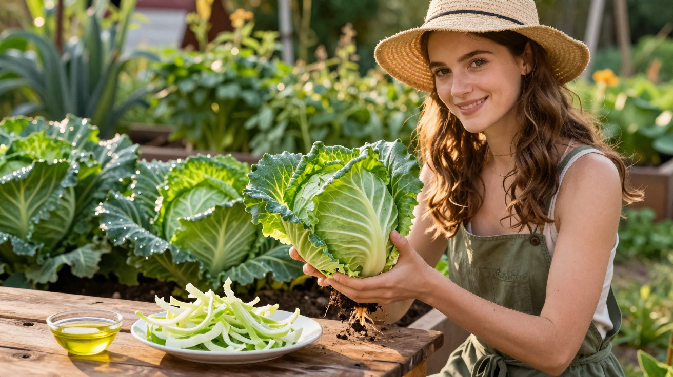 Jovem mulher com chapéu segura repolho verde numa horta, com legumes e azeite sobre a mesa de madeira.