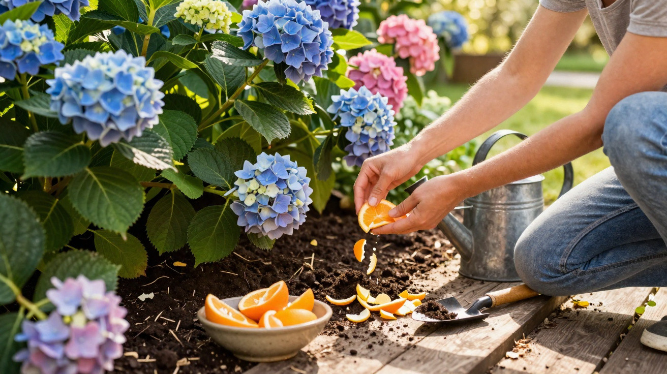 Pessoa a espalhar cascas de laranja no solo junto a flores de hortênsia azuis, rosa e lilás num jardim.