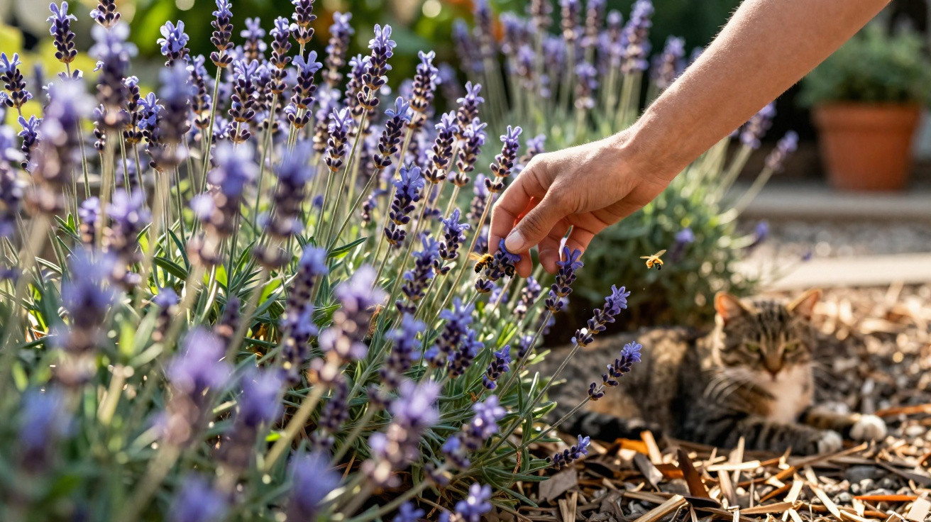 Mão a tocar em flores de lavanda com abelha a voar e gato deitado no jardim ao fundo.