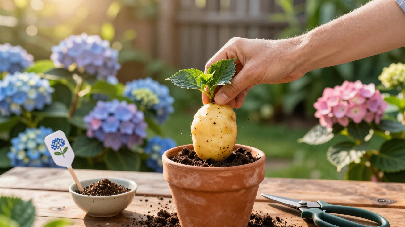 Mão plantando batata com folhas verdes em vaso de barro, com flores coloridas desfocadas ao fundo.