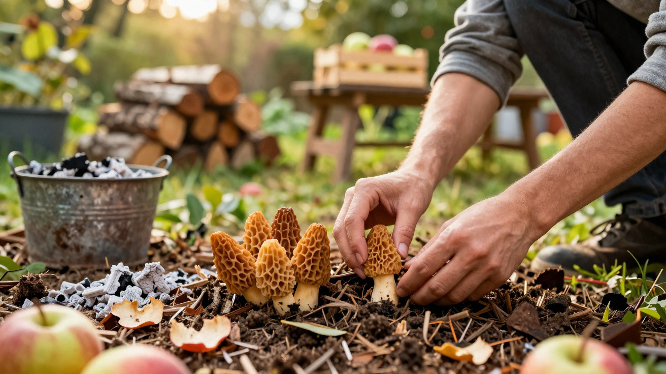Mãos colhendo cogumelos morchella num jardim com maçãs, madeira, e cinzas numa lata ao fundo.