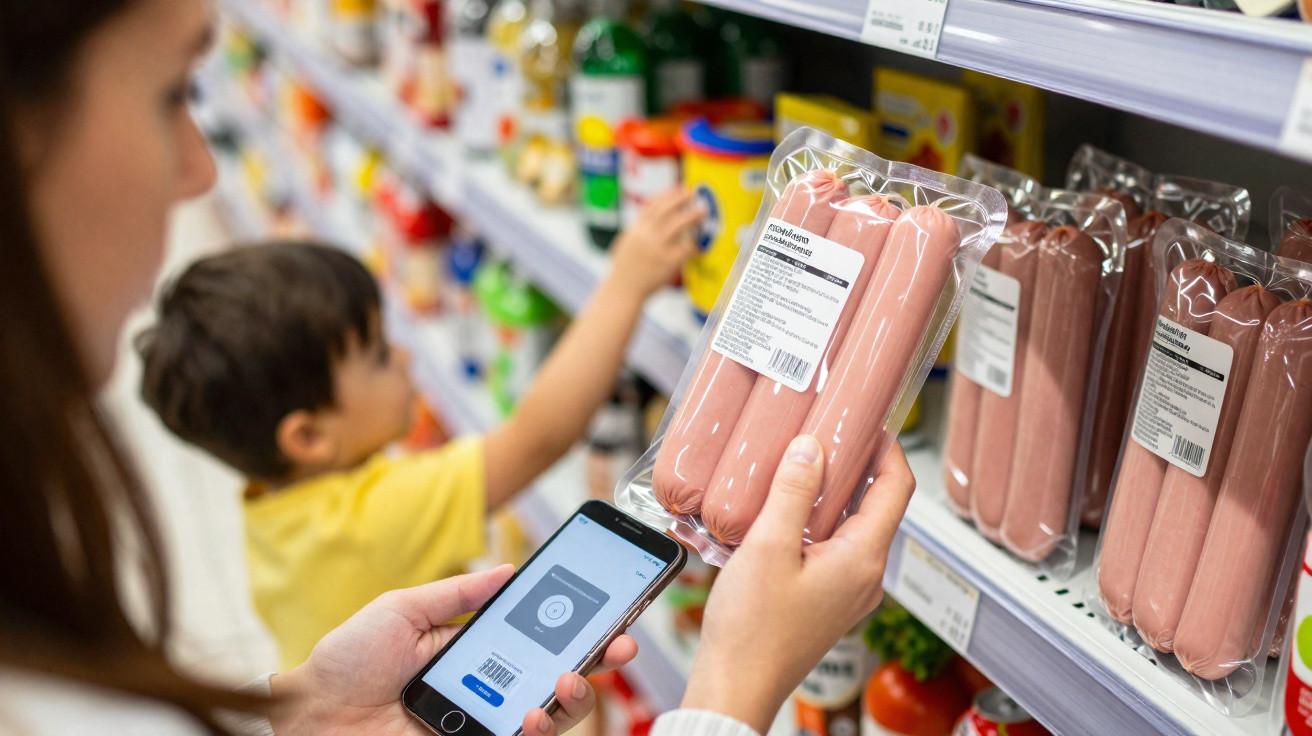 Mulher escaneia pacote de salsichas com telemóvel na prateleira de supermercado com criança ao fundo.