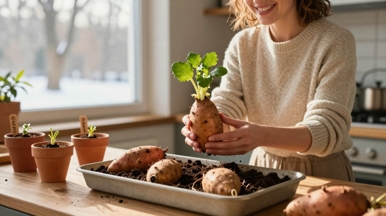 Mulher a segurar e plantar batata-doce com folhas verdes em tabuleiro na cozinha soalheira.