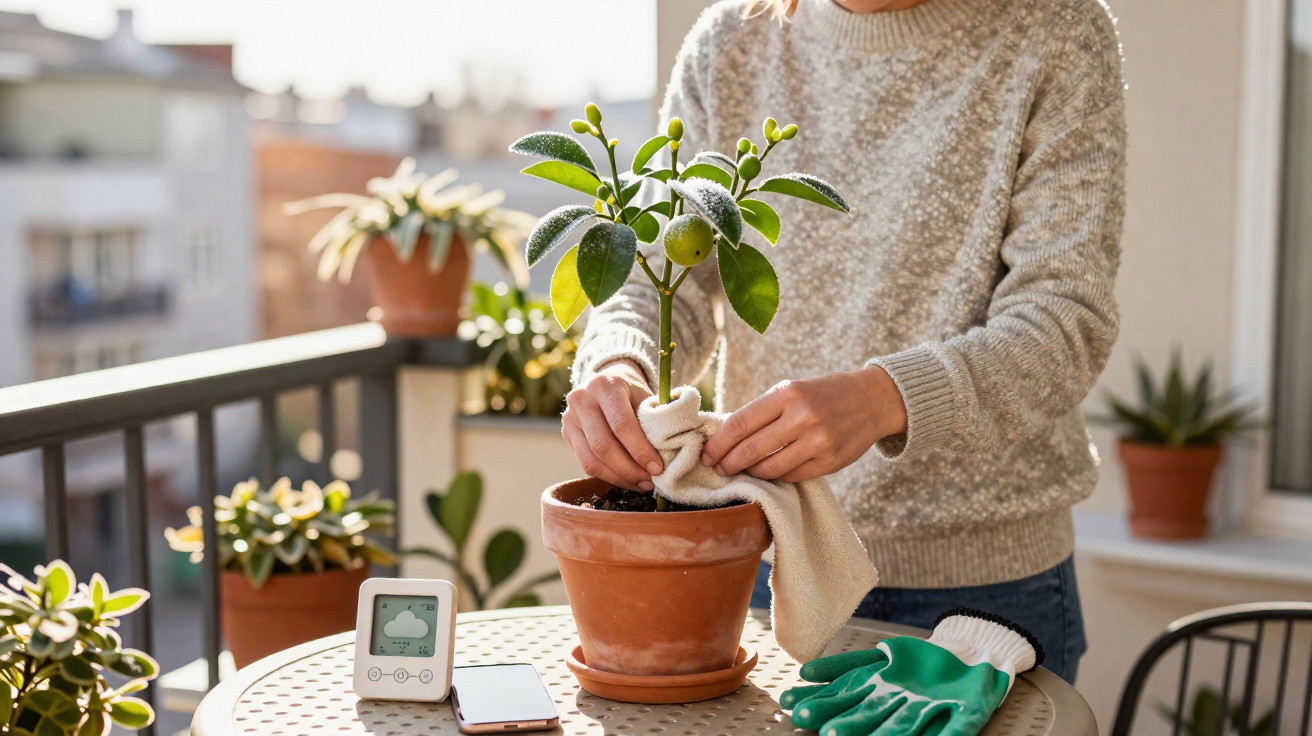 Pessoa a limpar folhas de planta num vaso de barro numa varanda ensolarada com várias plantas.