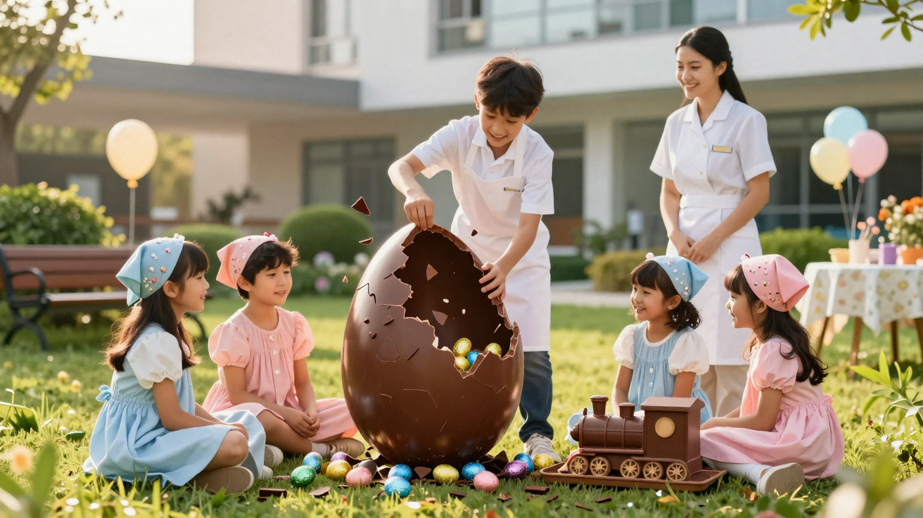 Crianças sentadas na relva partilham um ovo de Páscoa gigante de chocolate sob a supervisão de uma cuidadora.