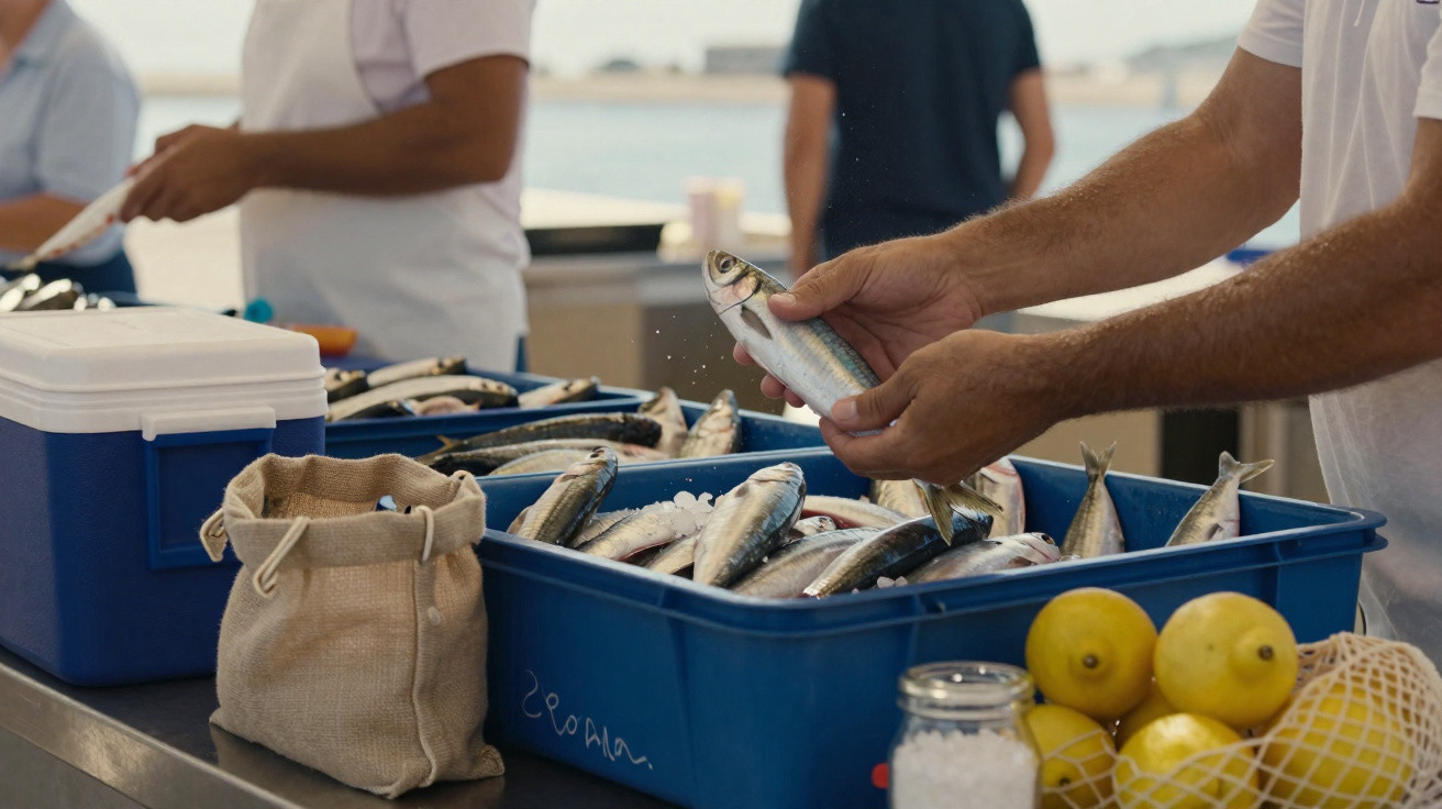 Pessoa manuseia peixe fresco numa caixa azul com outros peixes e limões numa bancadade mercado.