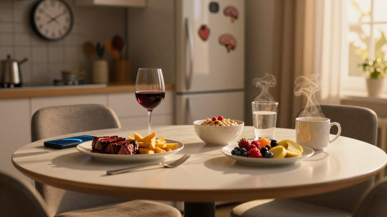 Mesa redonda com refeição composta por carne, batatas, fruta, cereais, copo de vinho, chá quente e água num interior iluminad
