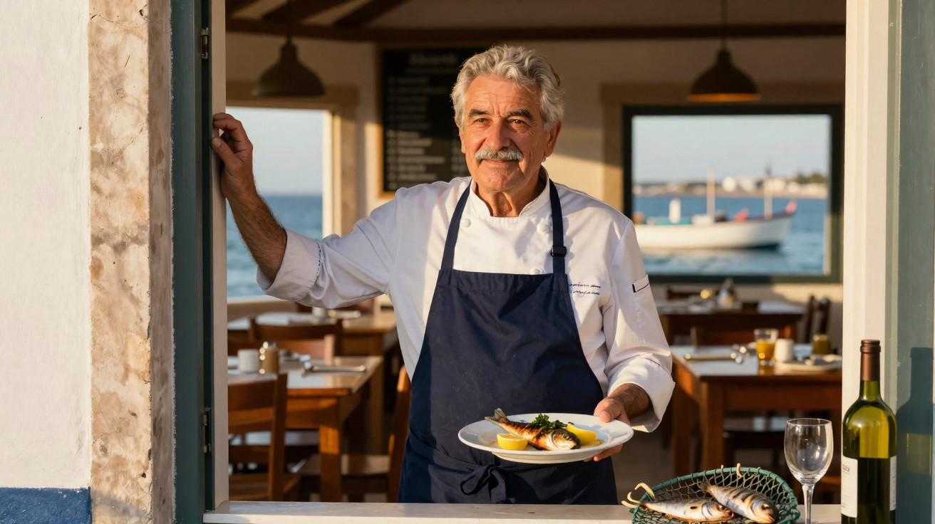 Chef sénior com avental azul apresenta prato de peixe num restaurante com vista para o mar e barco ao fundo.