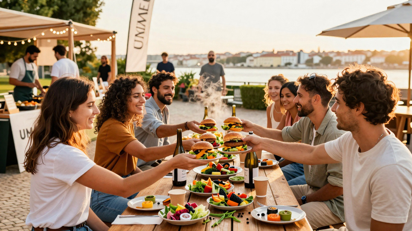 Grupo de amigos a partilhar hambúrgueres e saladas numa mesa ao ar livre ao pôr do sol.