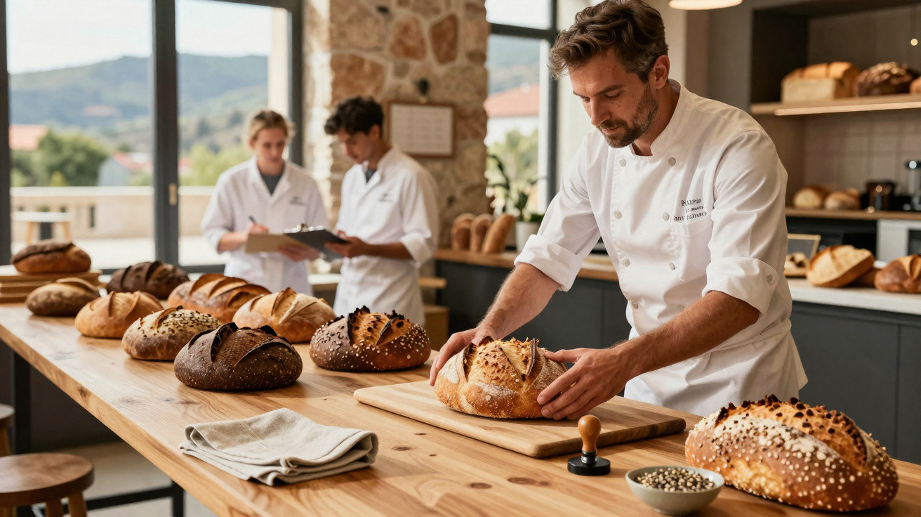 Padeiro a examinar pão rústico numa mesa com vários pães, com colegas a analisar dados ao fundo.