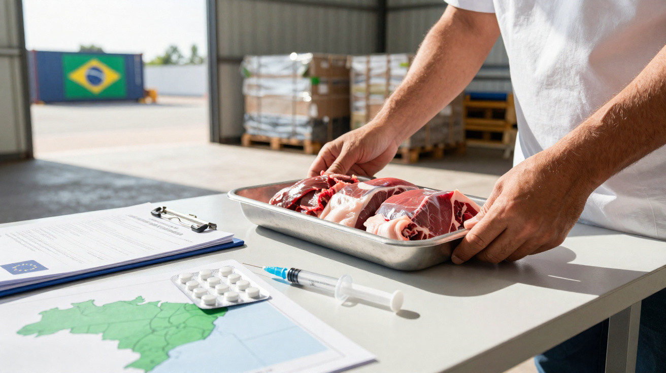 Pessoa a segurar tabuleiro com pedaços de carne crua numa mesa com documentos, seringa e mapa do Brasil.