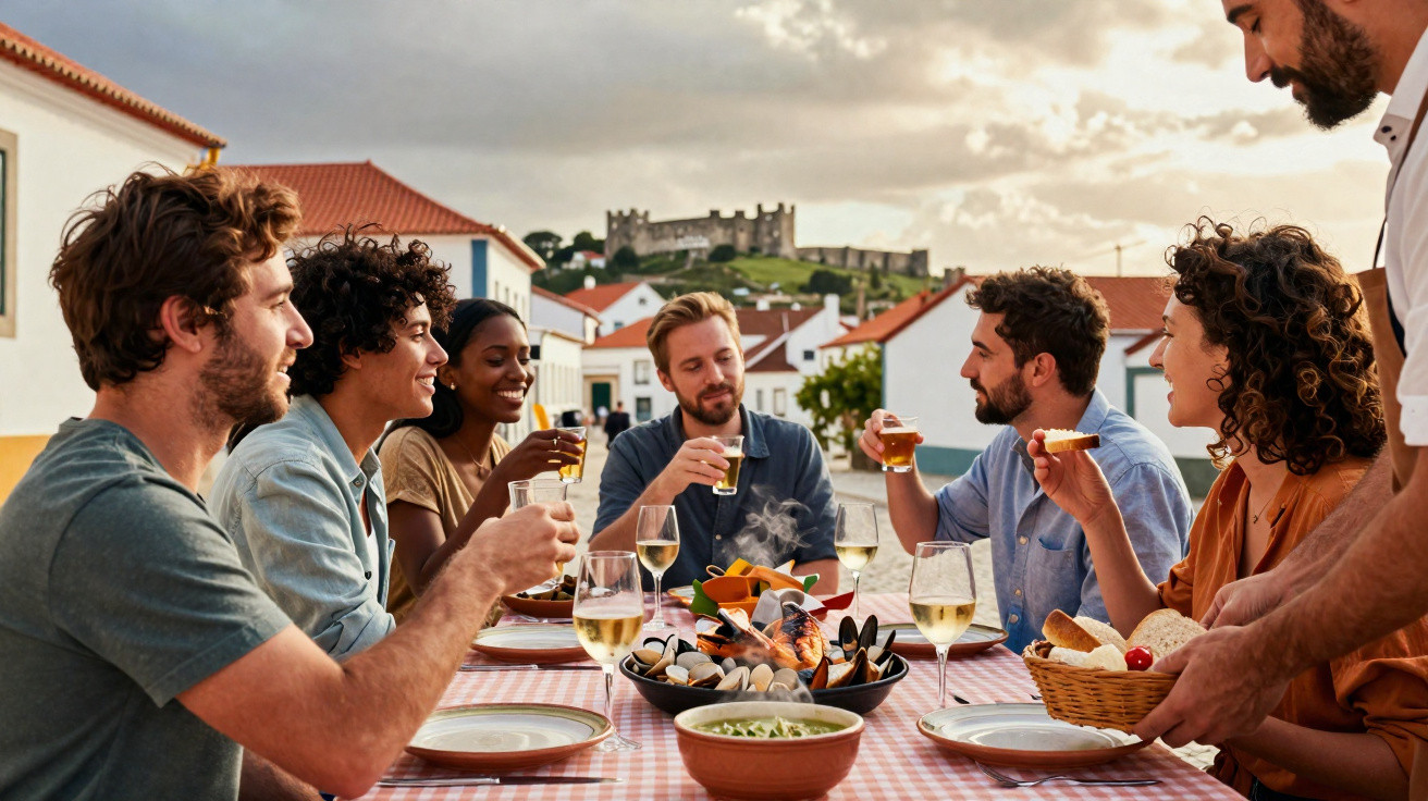 Grupo de amigos a jantar ao ar livre com vista para o castelo numa vila típica ao pôr do sol.