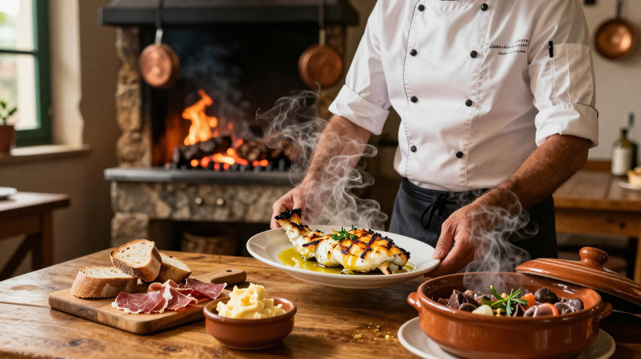 Chef a servir prato de peixe grelhado fumegante numa mesa com pão, fiambre e outros acompanhamentos.