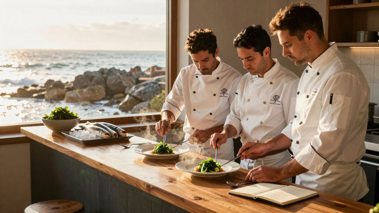 Três chefs a preparar pratos com legumes numa cozinha com vista para o mar ao pôr do sol.