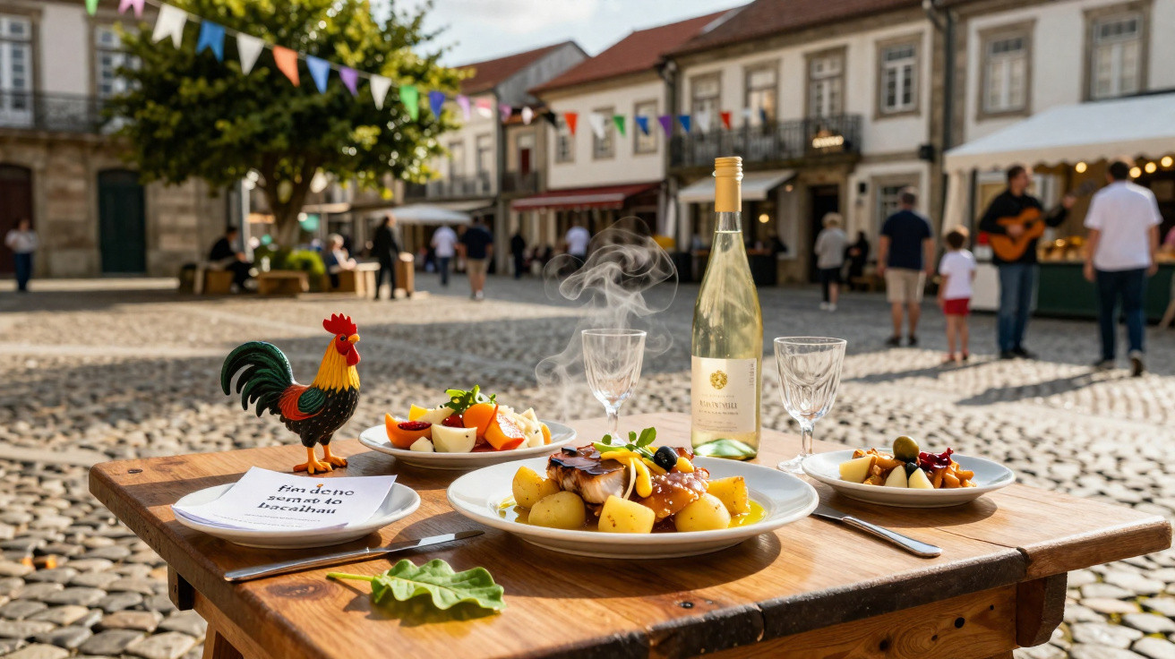 Mesa de refeição ao ar livre com pratos de comida, garrafa de vinho branco e copos numa praça portuguesa.