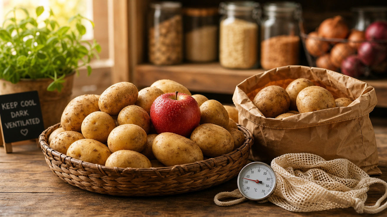 Cesta e saco com batatas, uma maçã vermelha, termómetro e sacos reutilizáveis numa cozinha rústica.