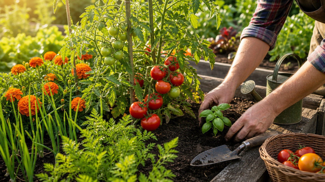 Pessoa a plantar manjericão num jardim com tomates, flores e regador ao fundo.