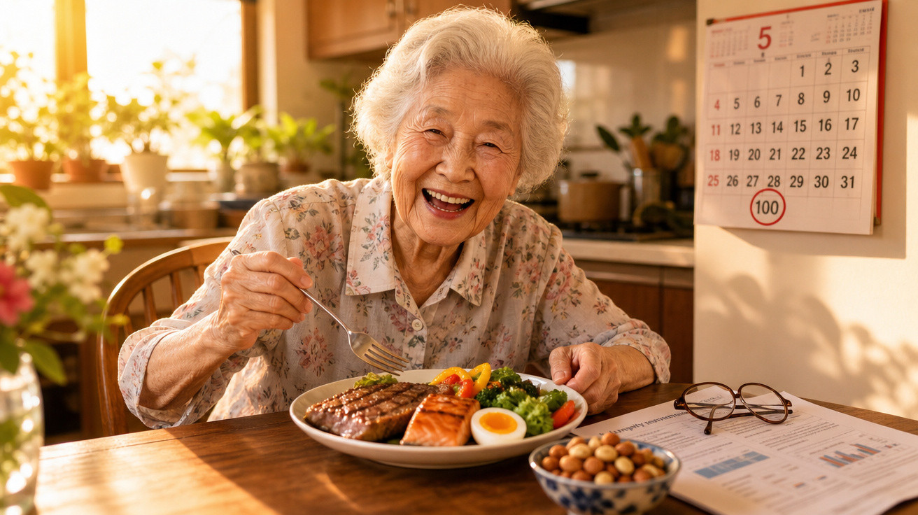 Idosa sorridente a preparar-se para comer refeição saudável numa cozinha bem iluminada.