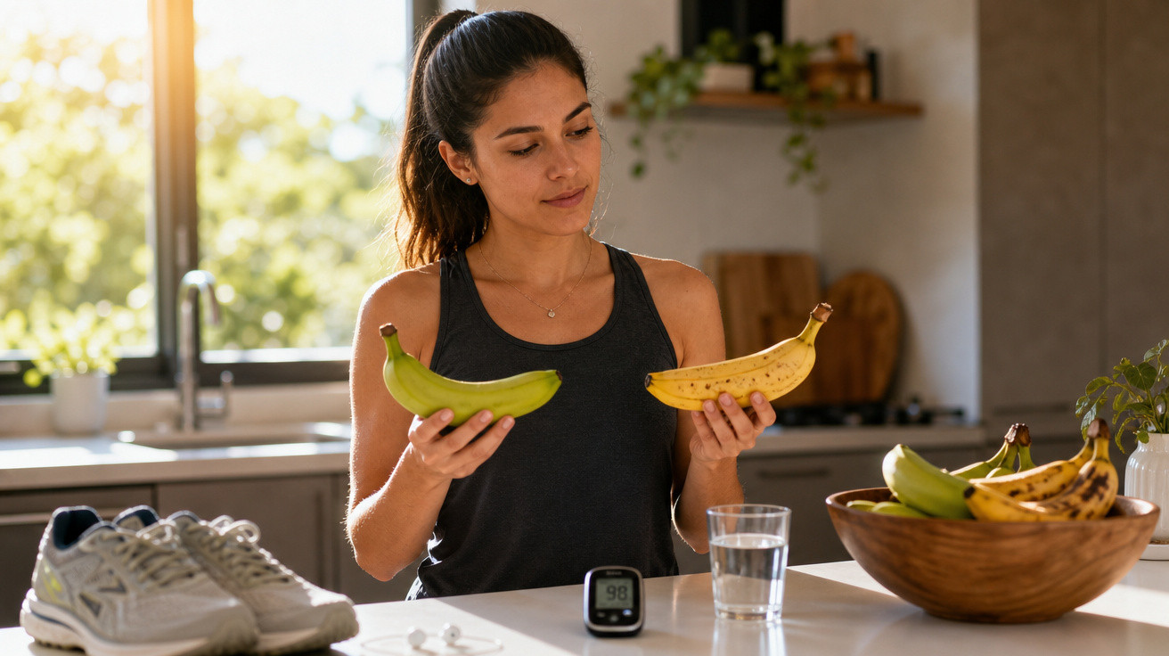 Mulher segura duas bananas, comparando-as, ao lado de tênis, medidor e copo de água numa cozinha iluminada.