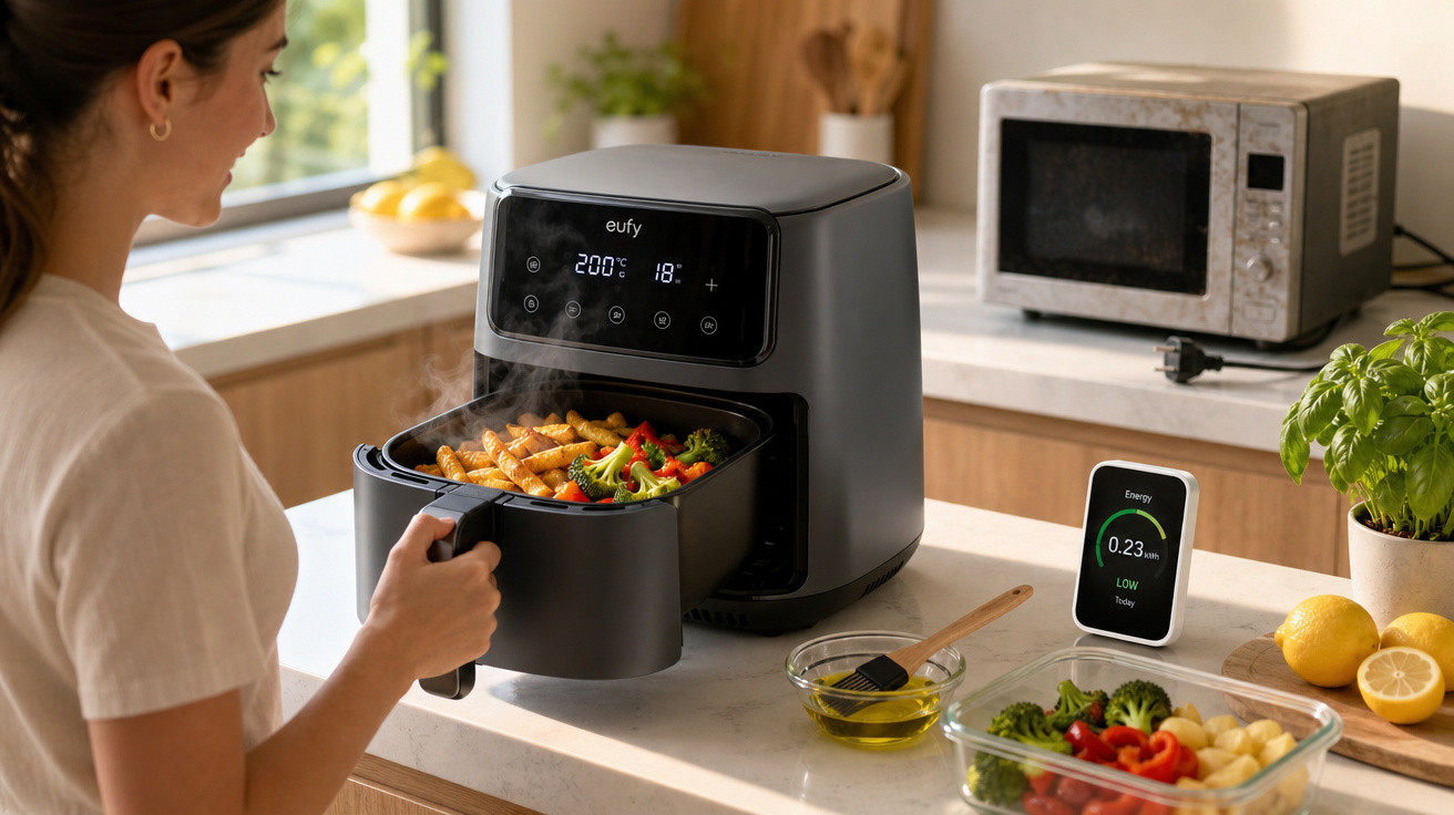 Mulher a retirar legumes e batatas de uma fritadeira elétrica numa cozinha moderna e luminosa.