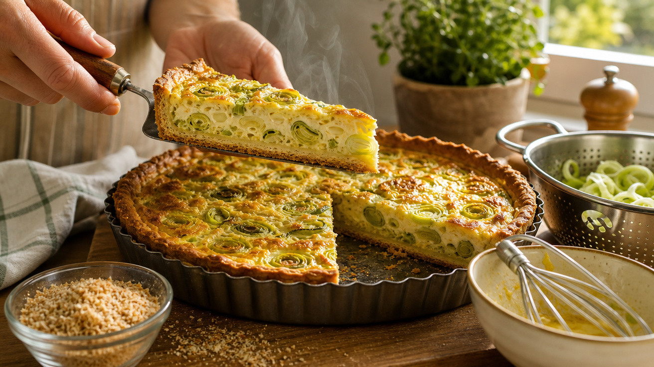 Pessoa a servir uma fatia quente de quiche de alho-francês, com ingredientes frescos à volta.