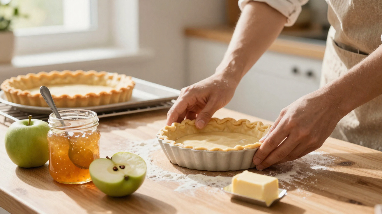 Mãos a preparar tarte de maçã numa bancada de cozinha com maçãs, manteiga e compota à vista.