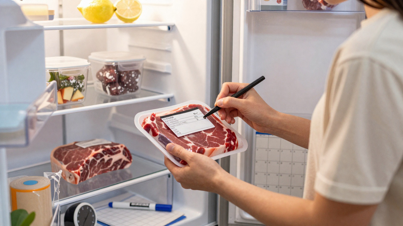 Pessoa a etiquetar carne refrigerada no frigorífico com marcador preto.