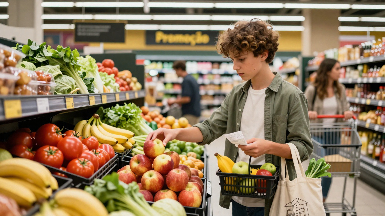 Rapaz a escolher maçãs na secção de frutas frescas de um supermercado moderno.