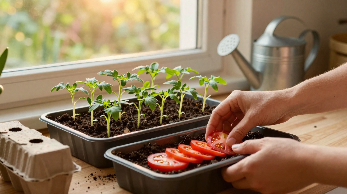 Mãos a plantar sementes de tomate em bandeja com terra numa janela com regador ao fundo.
