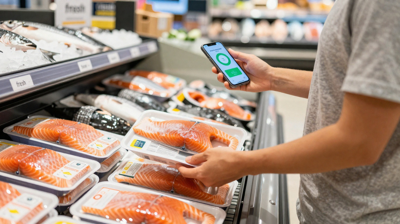 Pessoa a segurar smartphone e embalagem de salmão laranja fresca em supermercado.