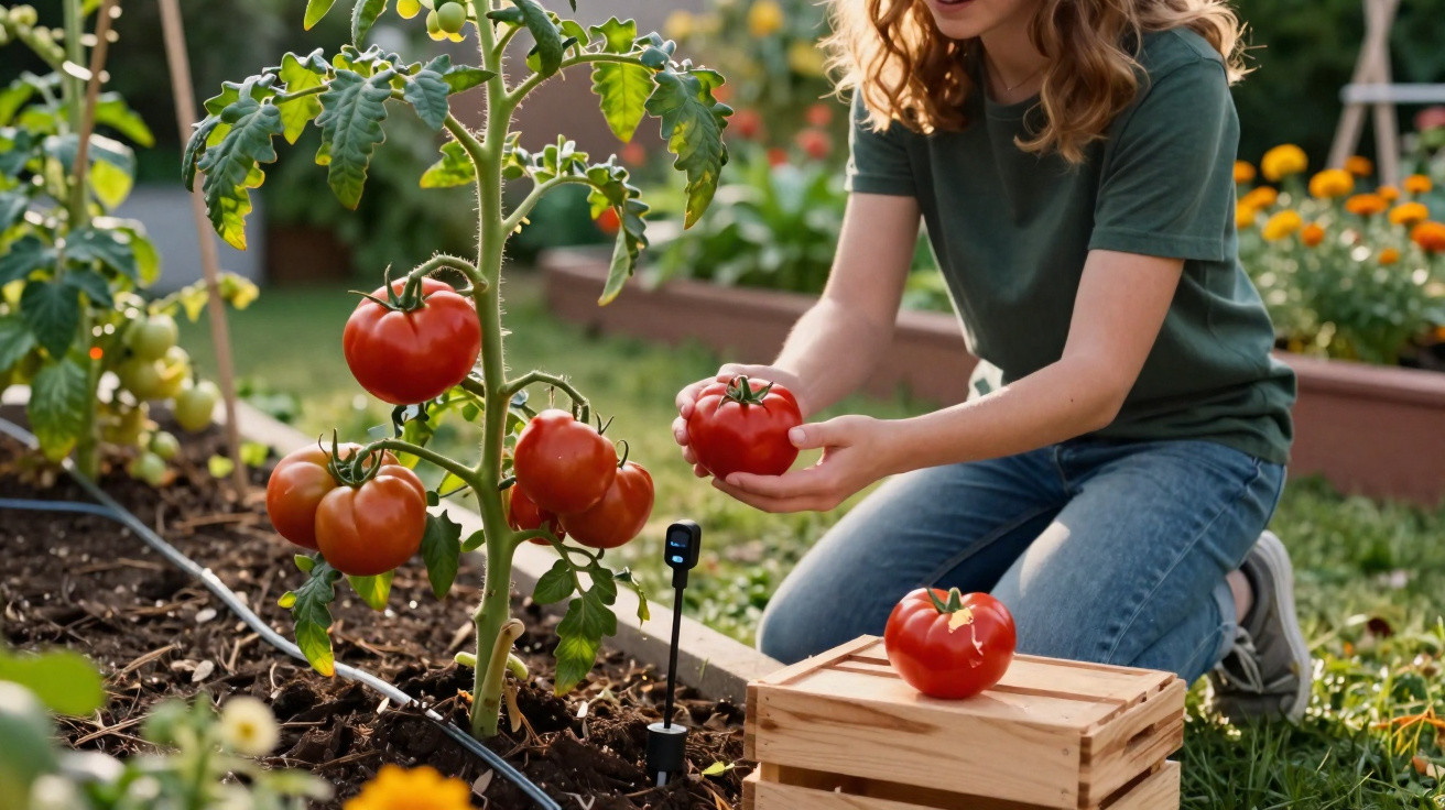Pessoa a colher tomates maduros numa horta, com tomates e plantas ao redor em ambiente exterior.
