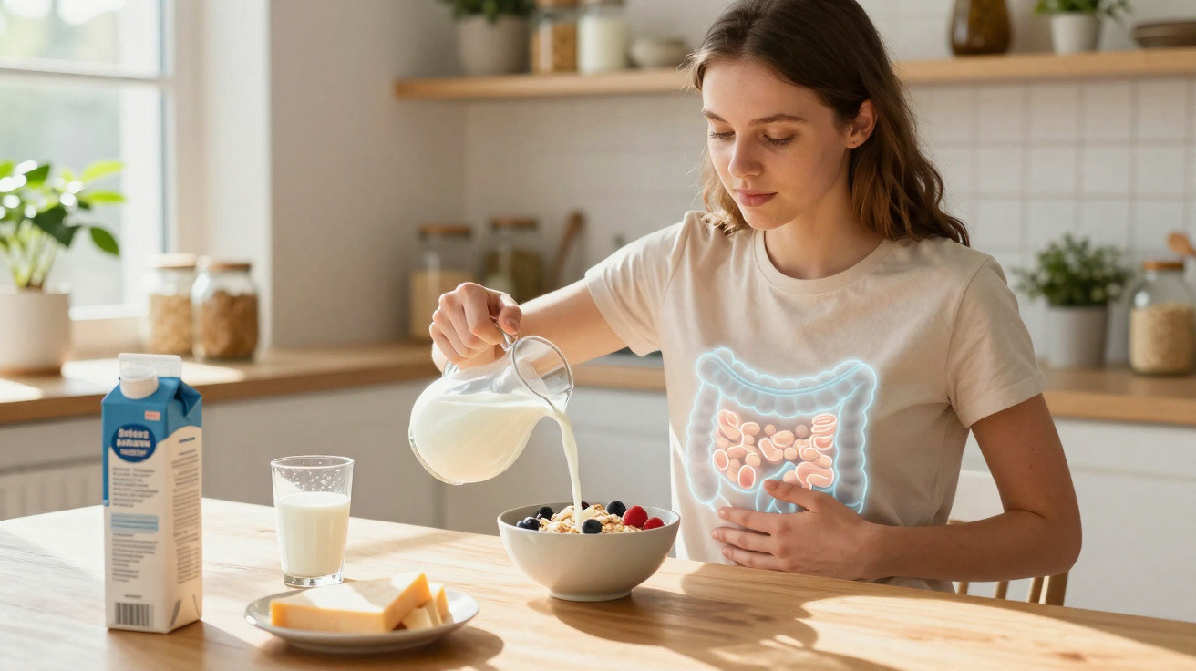 Mulher a despejar leite numa taça de cereais, com ilustração digital do intestino no tórax.