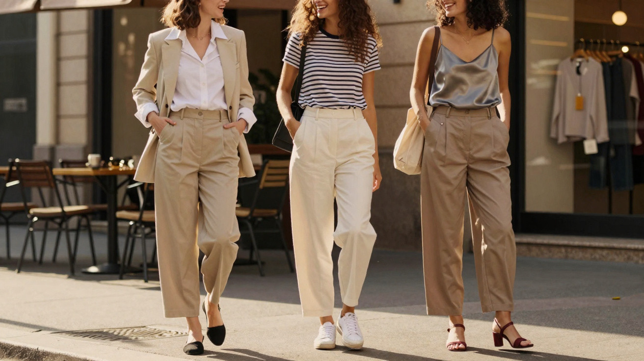 Três mulheres a caminhar na rua com calças de tons neutros e diferentes estilos de calçado e roupa superior.