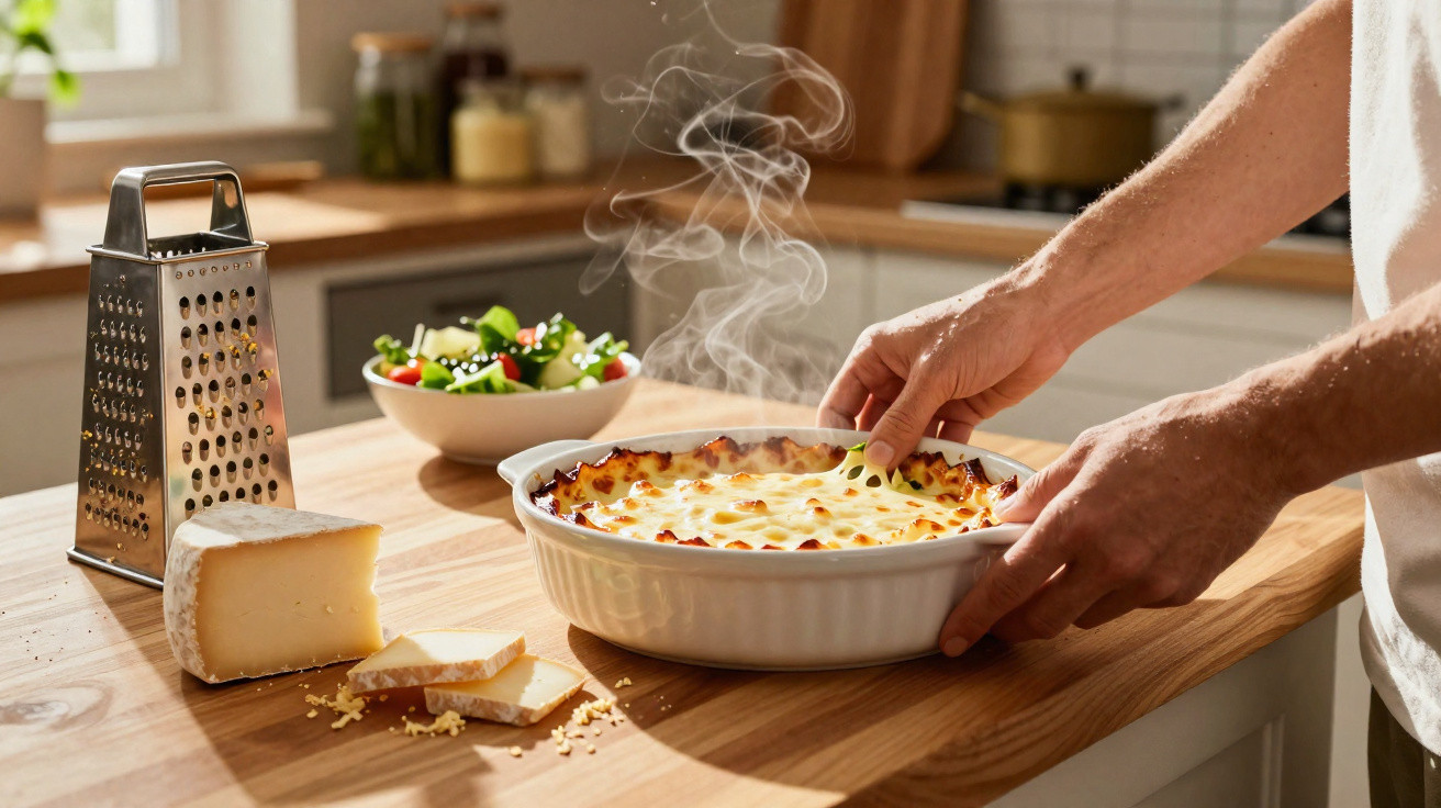 Mãos a retirar lasanha fumegante do forno numa cozinha, com queijo, ralador e salada ao fundo.