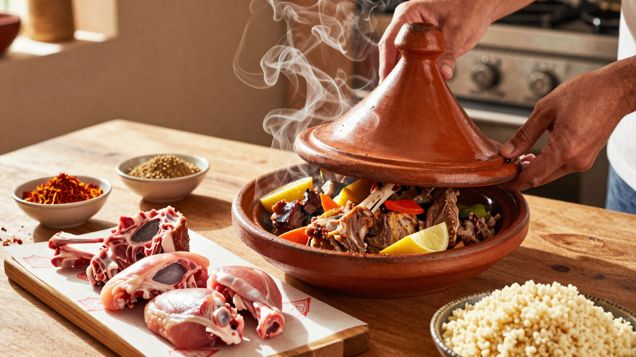 Mãos a levantar tampa de tajine com carne e legumes, ao lado de carne crua, especiarias e cuscuz.