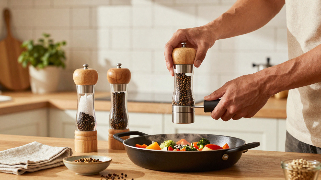 Pessoa a moer pimenta preta sobre um prato com legumes numa cozinha moderna.
