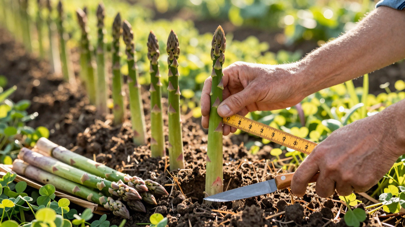 Mãos medem e cortam espargos frescos numa horta ao ar livre, com espargos plantados na terra à volta.
